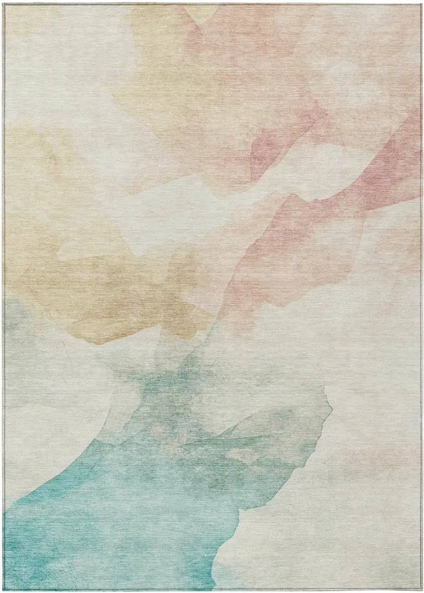 Pearl Ivory Beige And Teal Blue Abstract Washable Indoor Outdoor Area Rug Photo 1