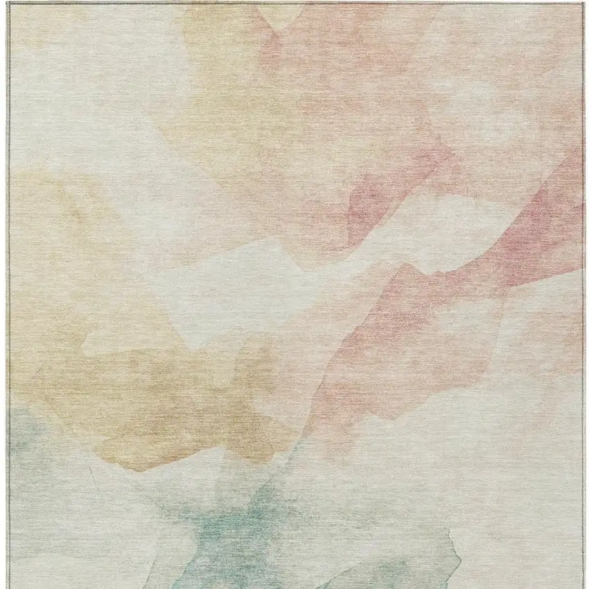 Pearl Ivory Beige And Teal Blue Abstract Washable Indoor Outdoor Area Rug Photo 4