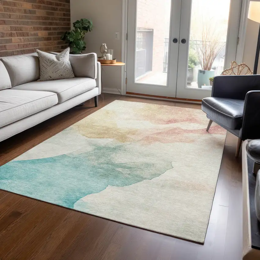 Pearl Ivory Beige And Teal Blue Abstract Washable Indoor Outdoor Area Rug Photo 6