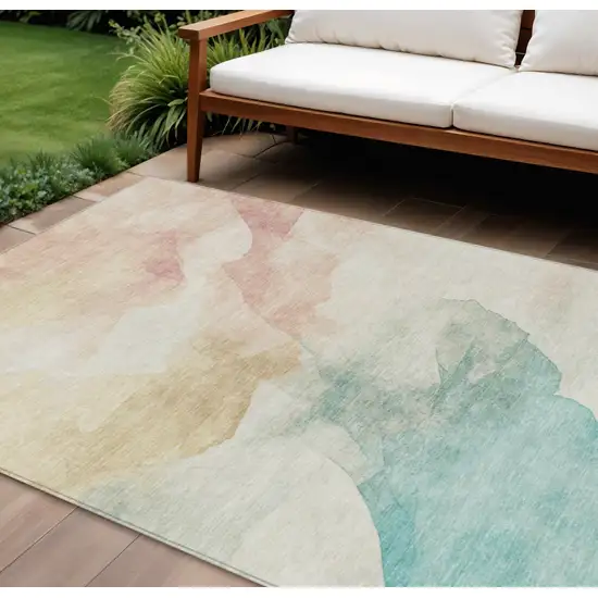 Pearl Ivory Beige And Teal Blue Abstract Washable Indoor Outdoor Area Rug Photo 2