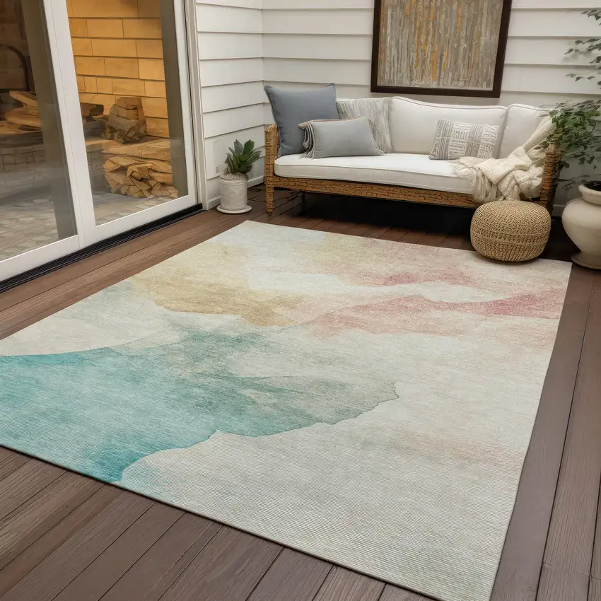Pearl Ivory Beige And Teal Blue Abstract Washable Indoor Outdoor Area Rug Photo 5