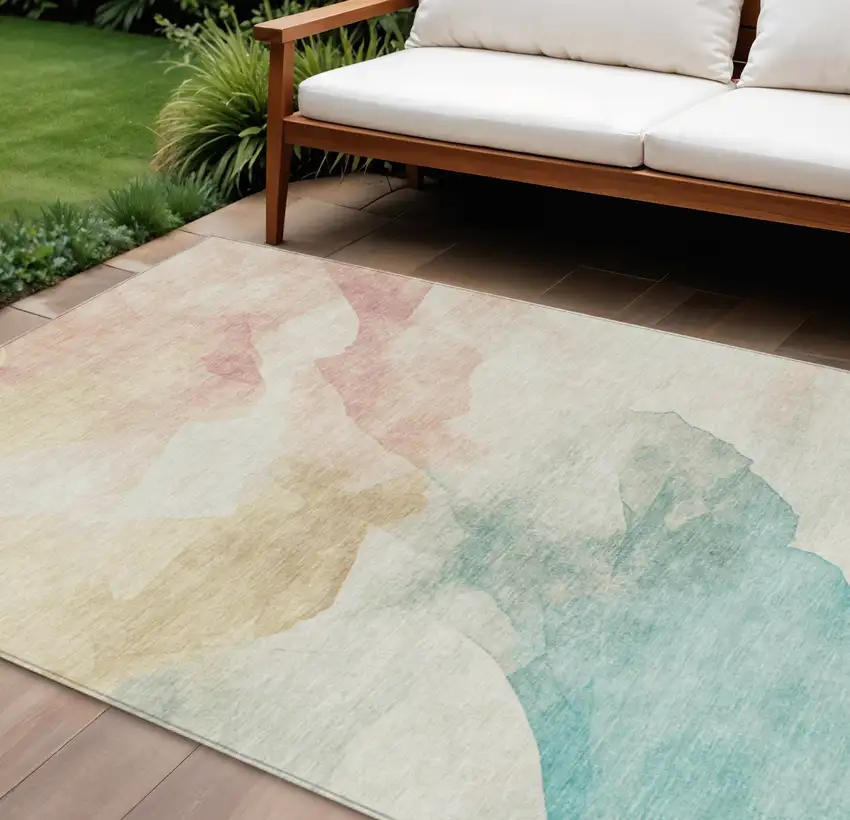 Pearl Ivory Beige And Teal Blue Abstract Washable Indoor Outdoor Area Rug Photo 2