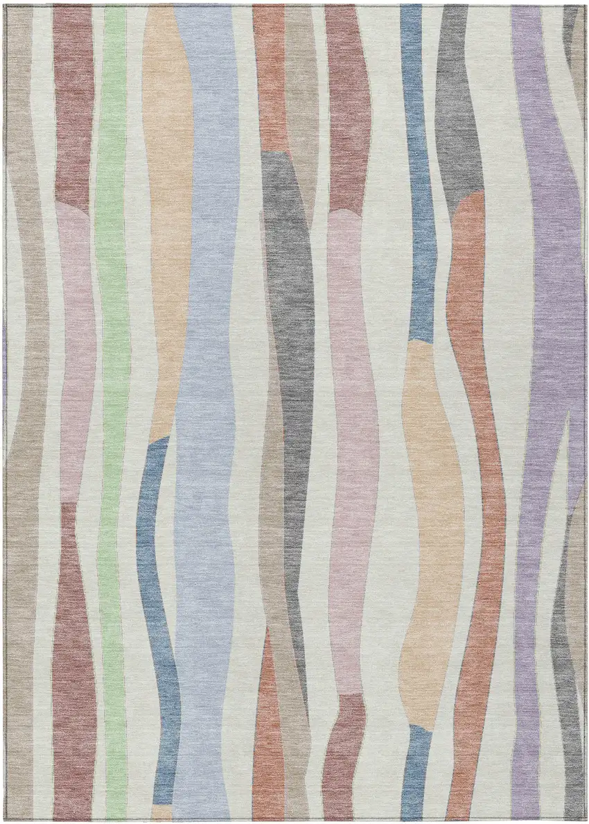 Pearl Lavender Ivory And Mint Green Striped Washable Indoor Outdoor Area Rug Photo 1