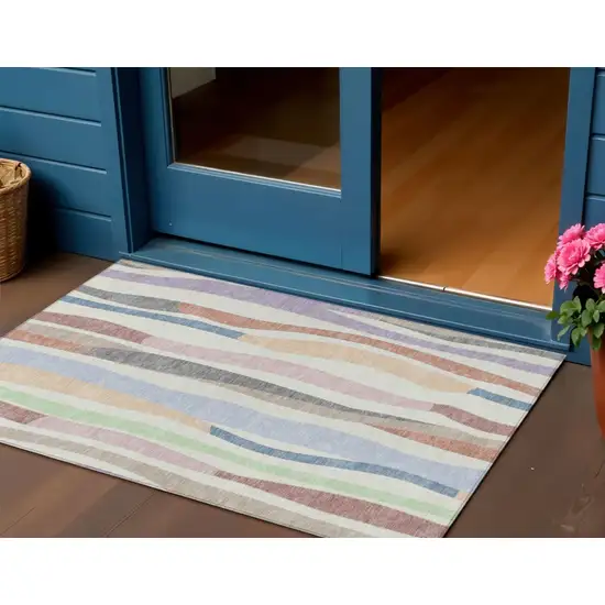 Pearl Lavender Ivory And Mint Green Striped Washable Indoor Outdoor Area Rug Photo 2