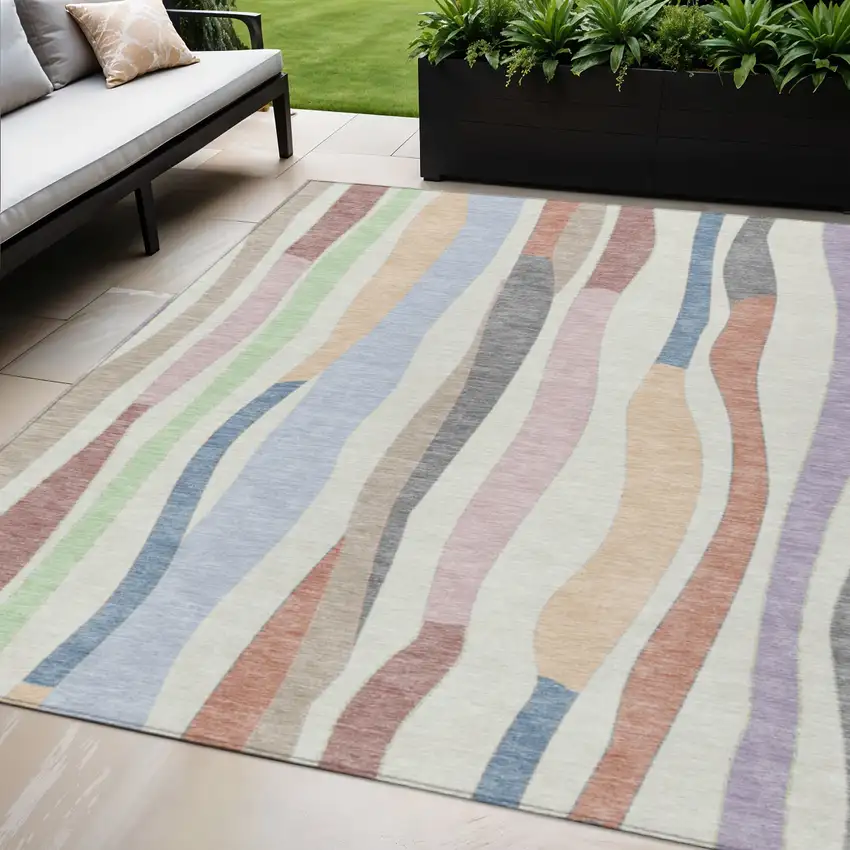 Pearl Lavender Ivory And Mint Green Striped Washable Indoor Outdoor Area Rug Photo 2
