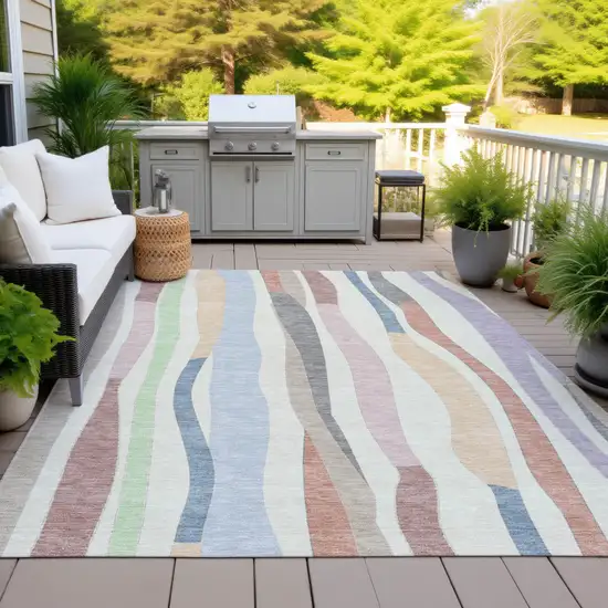 Pearl Lavender Ivory And Mint Green Striped Washable Indoor Outdoor Area Rug Photo 6