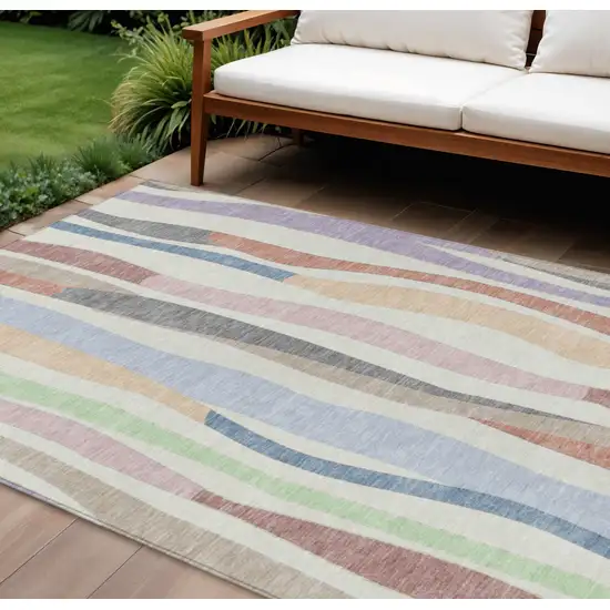 Pearl Lavender Ivory And Mint Green Striped Washable Indoor Outdoor Area Rug Photo 2