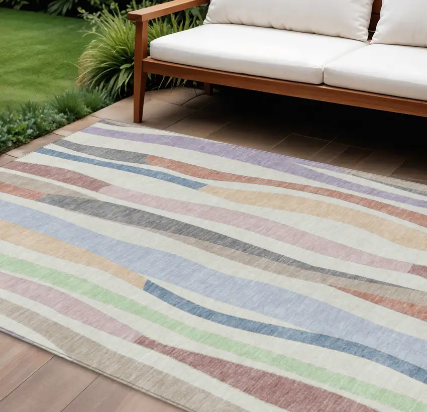 Pearl Lavender Ivory And Mint Green Striped Washable Indoor Outdoor Area Rug Photo 2