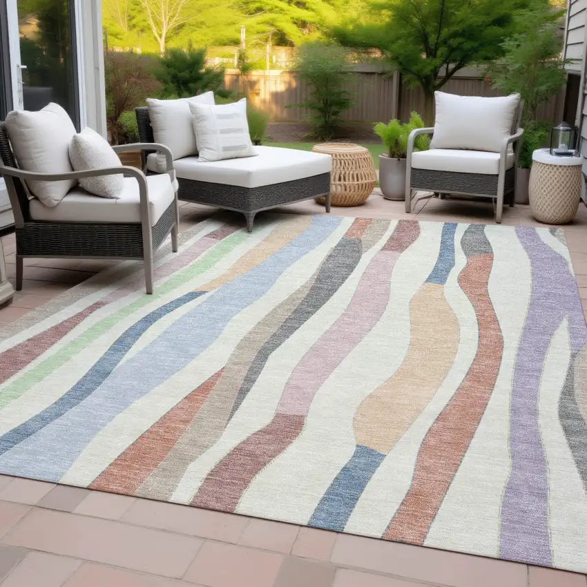 Pearl Lavender Ivory And Mint Green Striped Washable Indoor Outdoor Area Rug Photo 9