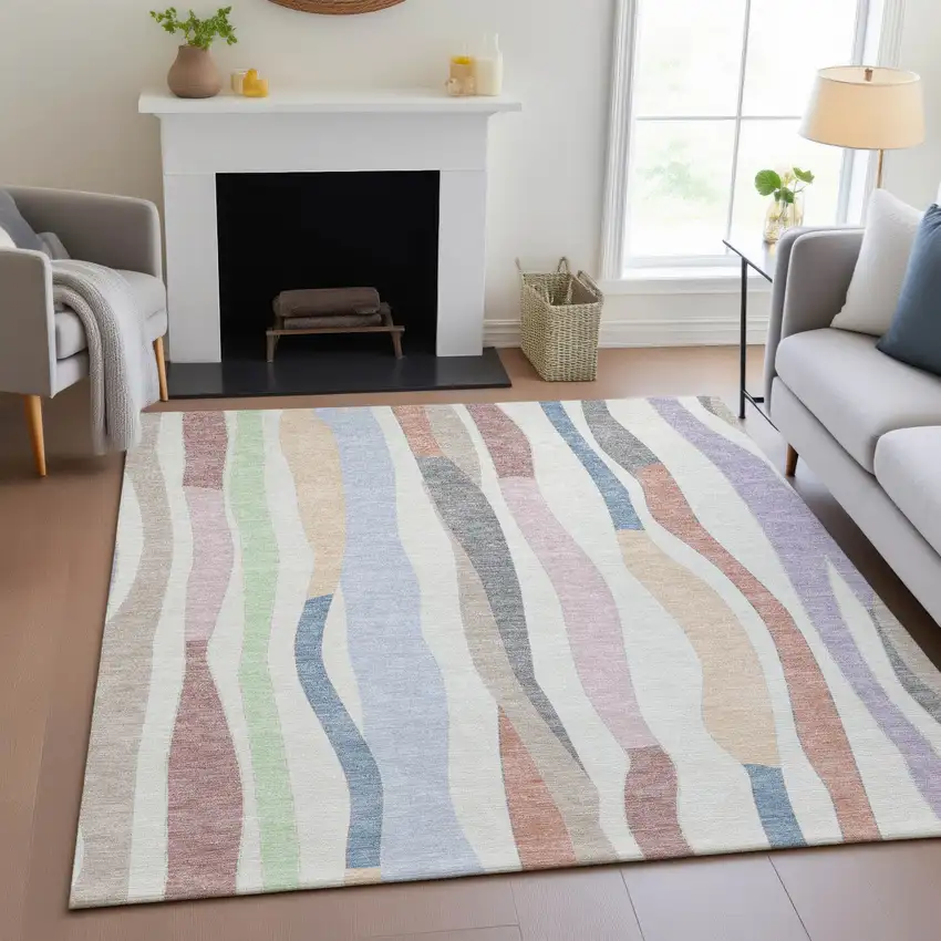 Pearl Lavender Ivory And Mint Green Striped Washable Indoor Outdoor Area Rug Photo 7