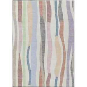Photo of Pearl Lavender Ivory And Mint Green Striped Washable Indoor Outdoor Area Rug
