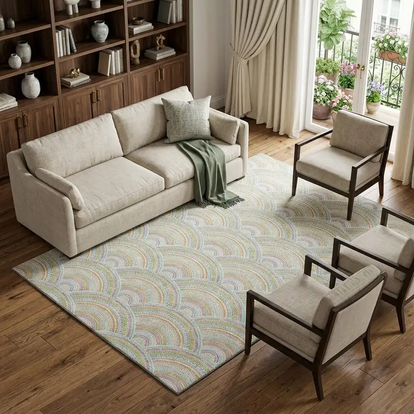 Pearl Orange And Green Geometric Washable Area Rug With UV Protection Photo 1