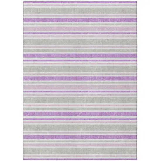 Purple Gray and White Striped Washable Non Skid Indoor Outdoor Area Rug Photo 2
