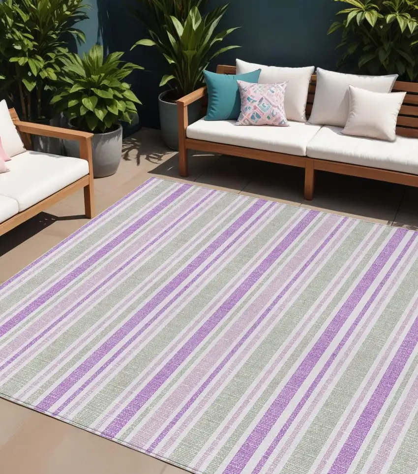Purple Gray and White Striped Washable Non Skid Indoor Outdoor Area Rug Photo 1