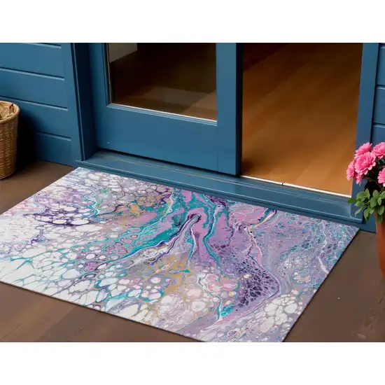 Periwinkle Purple And Ivory Abstract Washable Indoor Outdoor Area Rug Photo 1