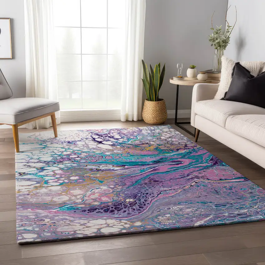 Periwinkle Purple And Ivory Abstract Washable Indoor Outdoor Area Rug Photo 7