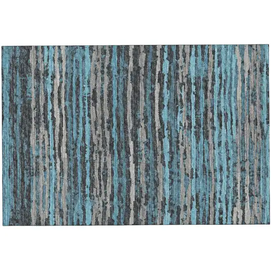 Persian Blue And Charcoal Striped Distressed Washable Area Rug With UV Protection Photo 2