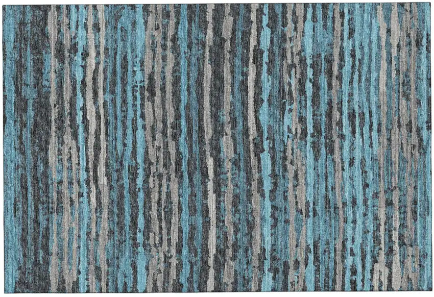 Persian Blue And Charcoal Striped Distressed Washable Area Rug With UV Protection Photo 2