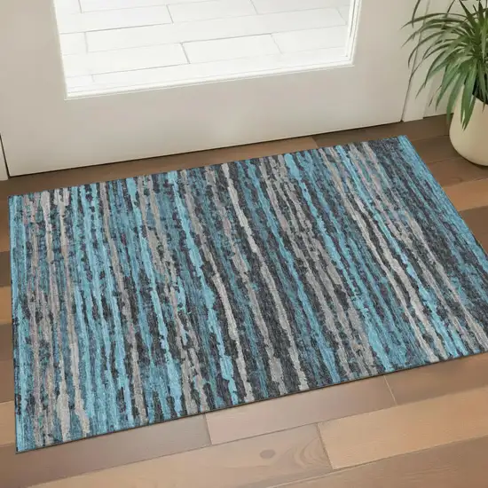 Persian Blue And Charcoal Striped Washable Area Rug With UV Protection Photo 1