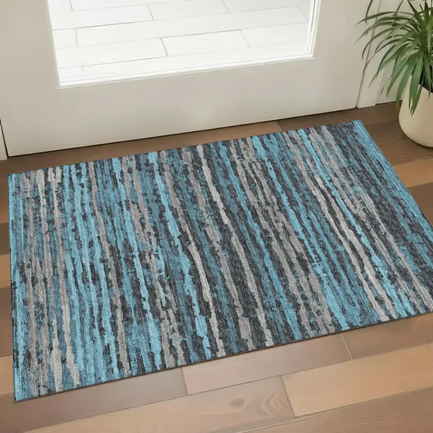 Persian Blue And Charcoal Striped Washable Area Rug With UV Protection Photo 1