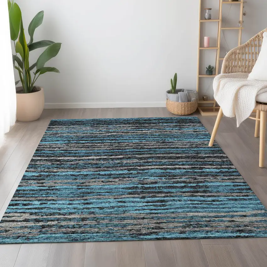 Persian Blue And Charcoal Striped Washable Area Rug With UV Protection Photo 4