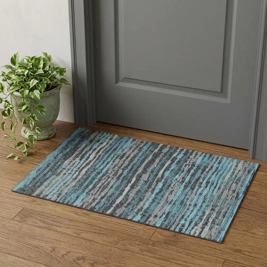 Persian Blue And Charcoal Striped Distressed Washable Area Rug With UV Protection Photo 1