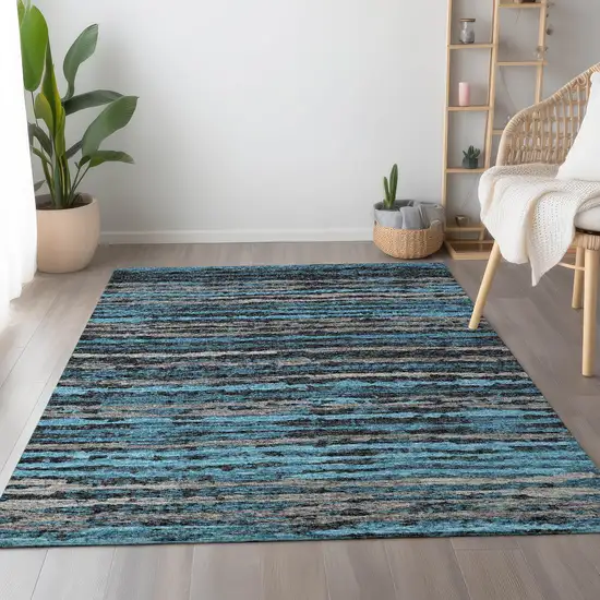 Persian Blue And Charcoal Striped Washable Area Rug With UV Protection Photo 4
