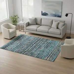 Photo of Persian Blue And Charcoal Striped Washable Area Rug With UV Protection