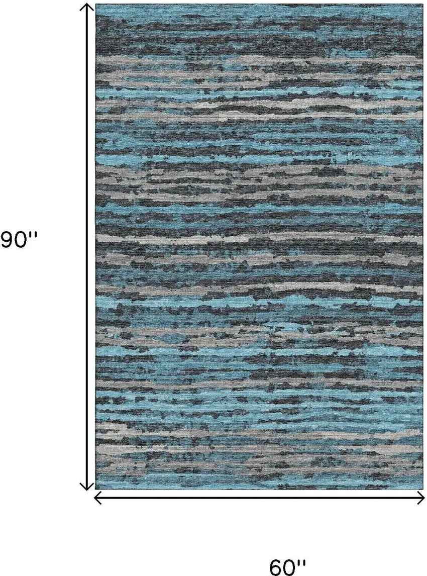 Persian Blue And Charcoal Striped Washable Area Rug With UV Protection Photo 3