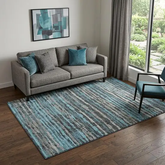 Persian Blue And Charcoal Striped Distressed Washable Area Rug With UV Protection Photo 1