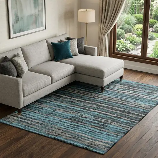 Persian Blue And Charcoal Striped Distressed Washable Area Rug With UV Protection Photo 1