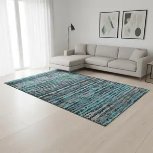 Photo of Persian Blue And Charcoal Striped Washable Area Rug With UV Protection