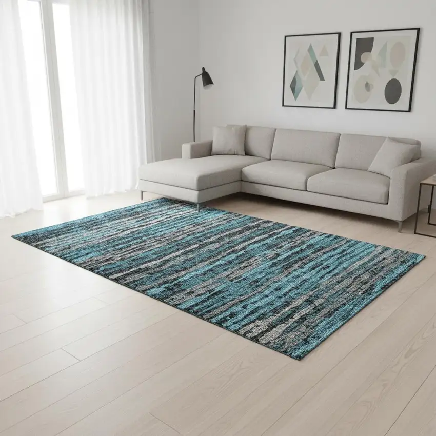 Persian Blue And Charcoal Striped Washable Area Rug With UV Protection Photo 1