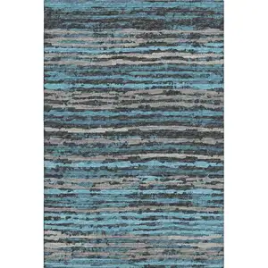 Photo of Persian Blue And Charcoal Striped Washable Area Rug With UV Protection