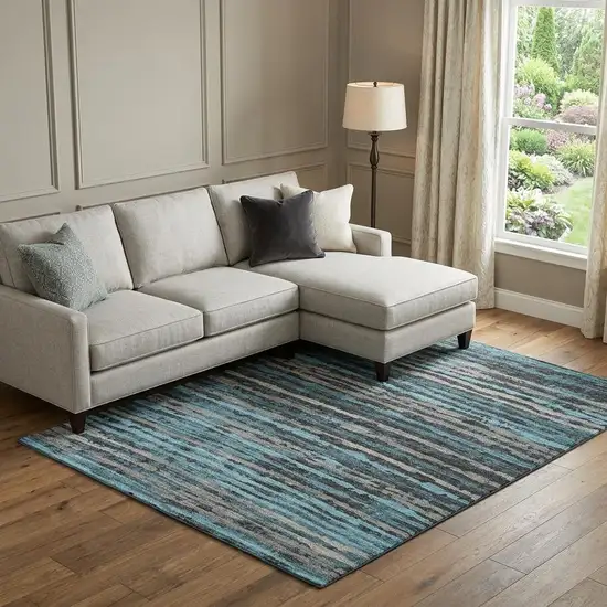 Persian Blue And Charcoal Striped Distressed Washable Area Rug With UV Protection Photo 1