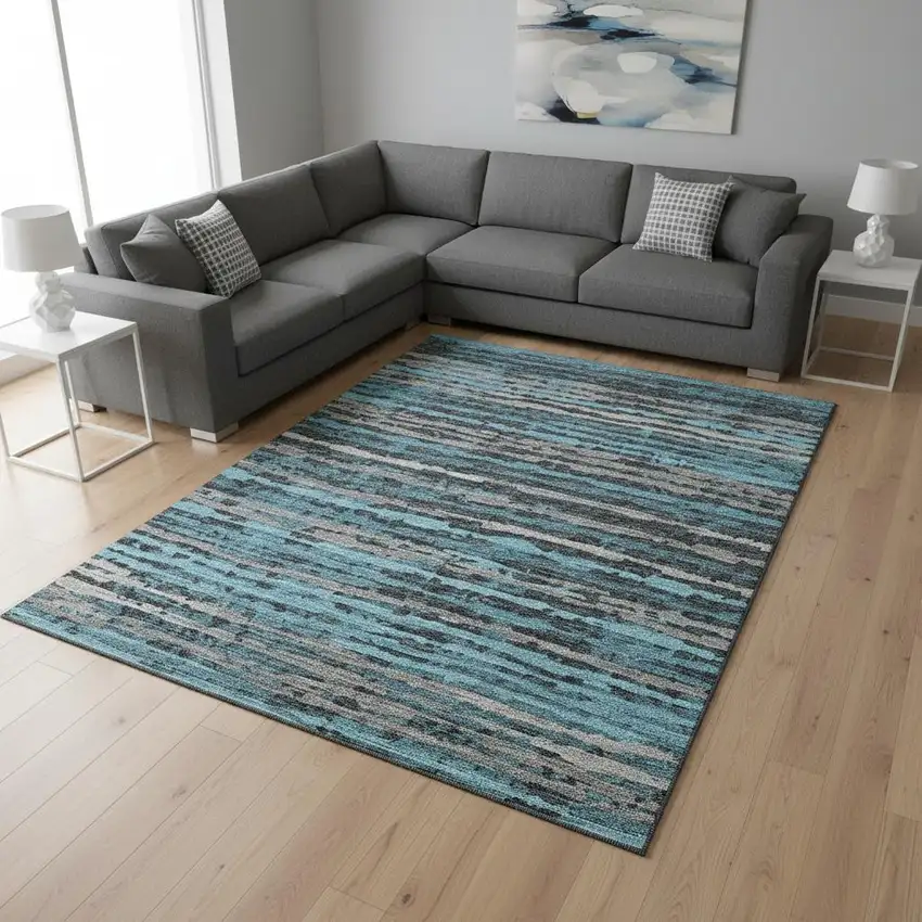 Persian Blue And Charcoal Striped Washable Area Rug With UV Protection Photo 1