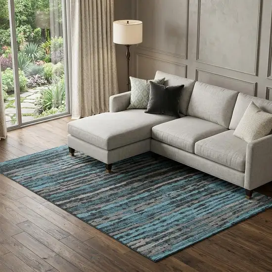 Persian Blue And Charcoal Striped Distressed Washable Area Rug With UV Protection Photo 1