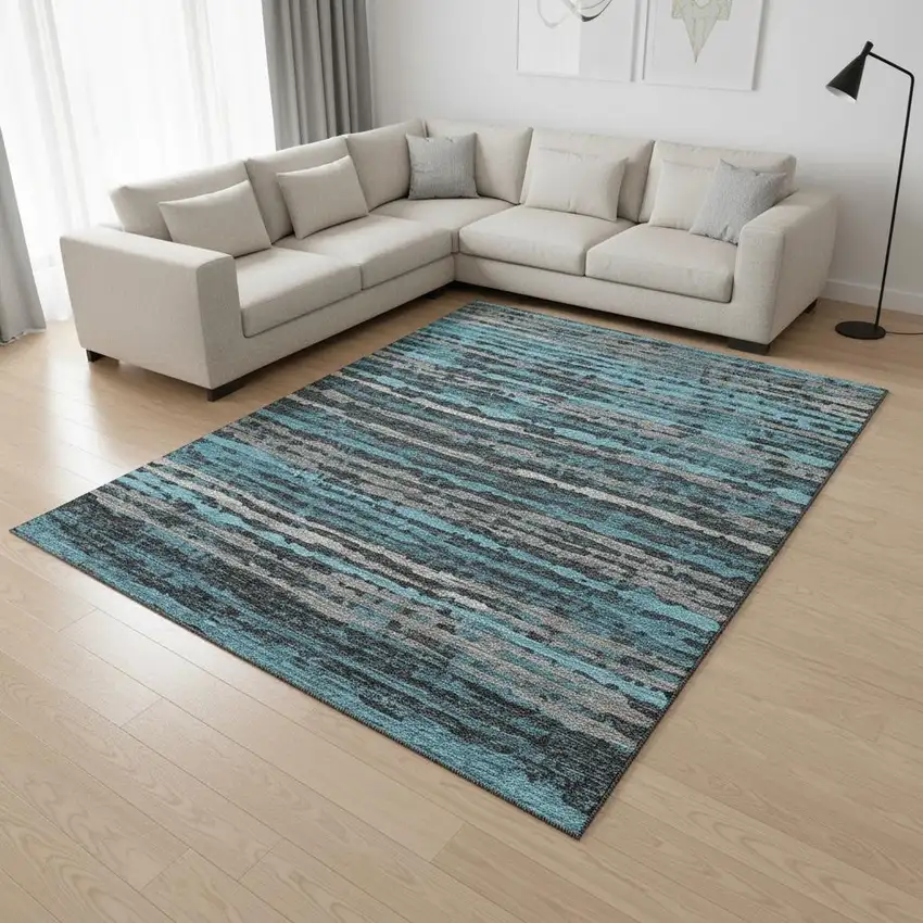 Persian Blue And Charcoal Striped Washable Area Rug With UV Protection Photo 1