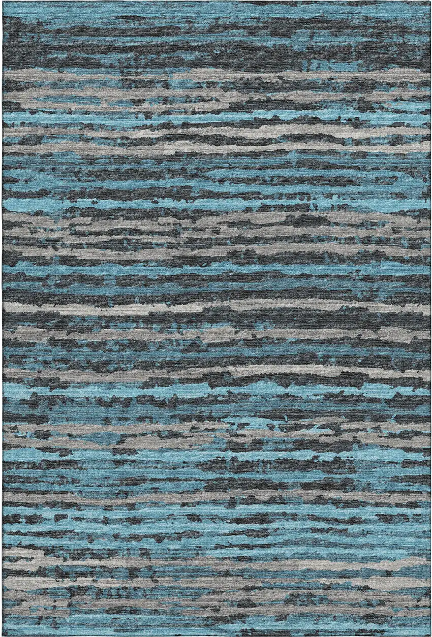 Persian Blue And Charcoal Striped Washable Area Rug With UV Protection Photo 2