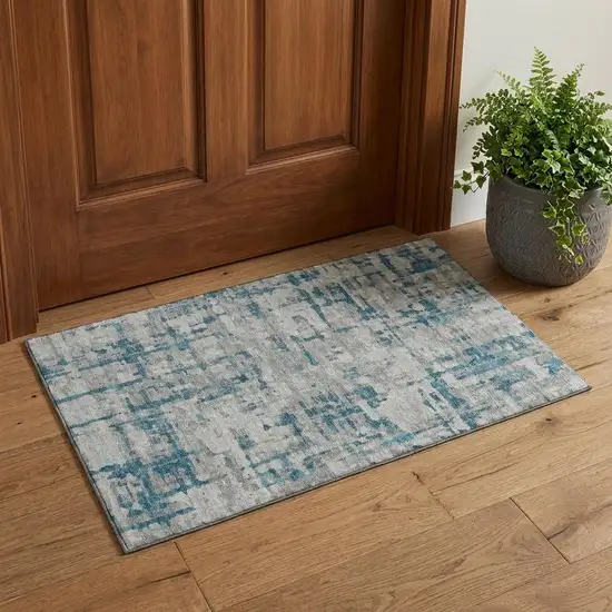 Persian Blue And Gray Abstract Distressed Washable Area Rug With UV Protection Photo 1