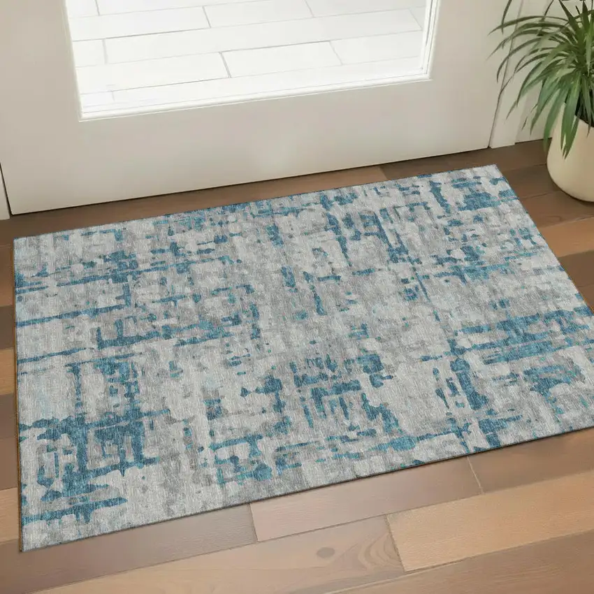 Persian Blue And Gray Abstract Washable Area Rug With UV Protection Photo 1
