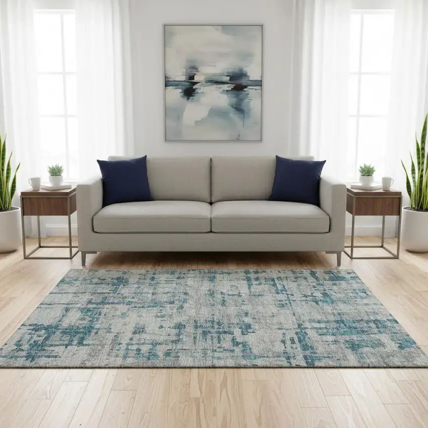 Persian Blue And Gray Abstract Washable Area Rug With UV Protection Photo 1