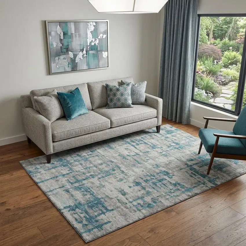 Persian Blue And Gray Abstract Distressed Washable Area Rug With UV Protection Photo 1