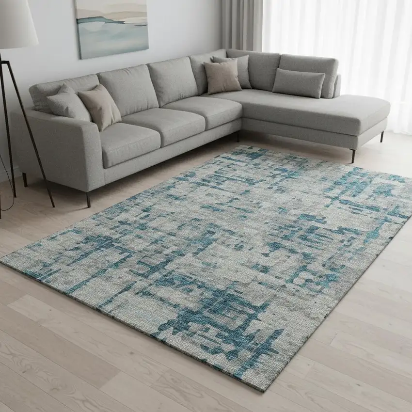 Persian Blue And Gray Abstract Washable Area Rug With UV Protection Photo 1