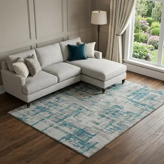 Persian Blue And Gray Abstract Distressed Washable Area Rug With UV Protection Photo 1