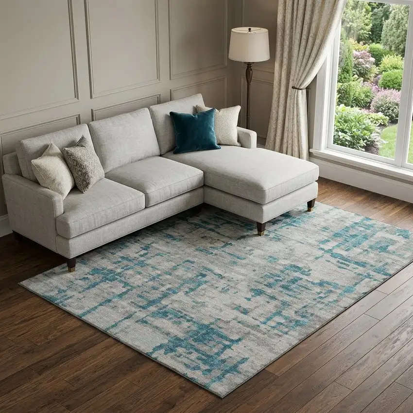 Persian Blue And Gray Abstract Distressed Washable Area Rug With UV Protection Photo 1