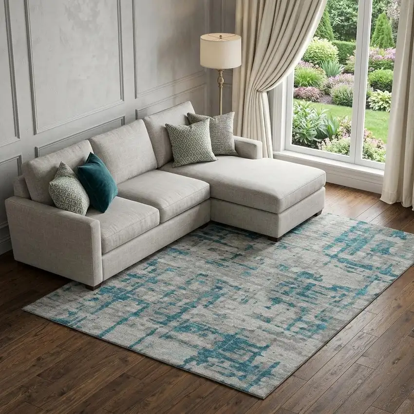 Persian Blue And Gray Abstract Distressed Washable Area Rug With UV Protection Photo 1