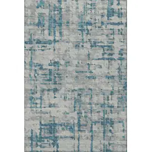 Photo of Persian Blue And Gray Abstract Washable Area Rug With UV Protection