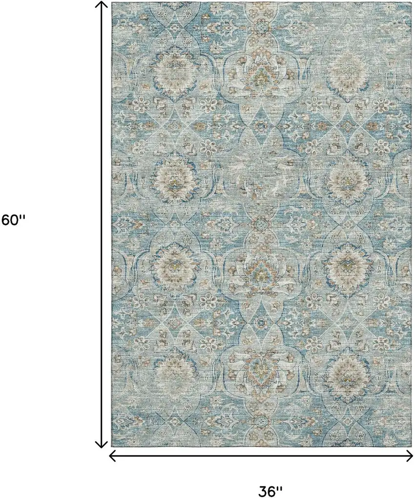 Persian Blue Coffee And Ivory Floral Medallion Washable Area Rug With UV Protection Photo 3