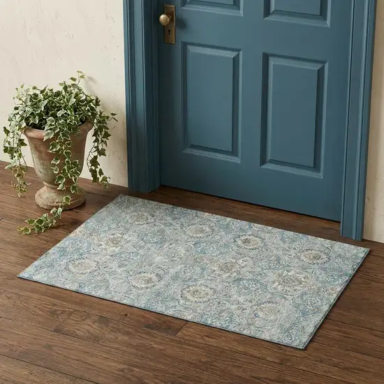 Persian Blue Coffee And Ivory Floral Medallion Distressed Washable Area Rug With UV Protection Photo 1